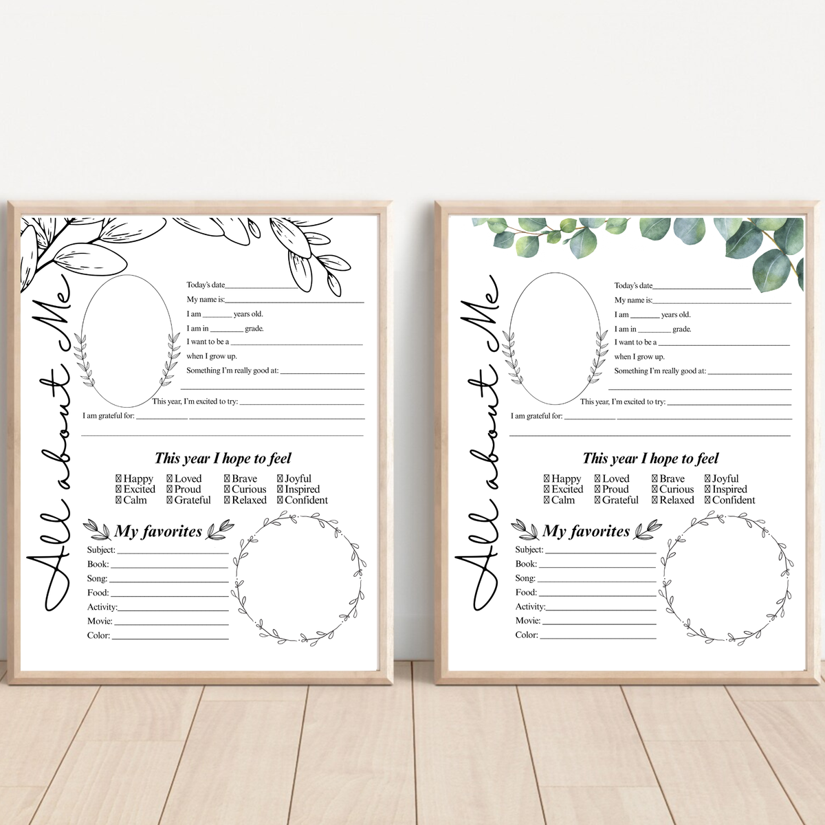 All About Me Printable | Eucalyptus & Botanical Leaves | Student Interview Worksheet | Homeschool Keepsake Activity