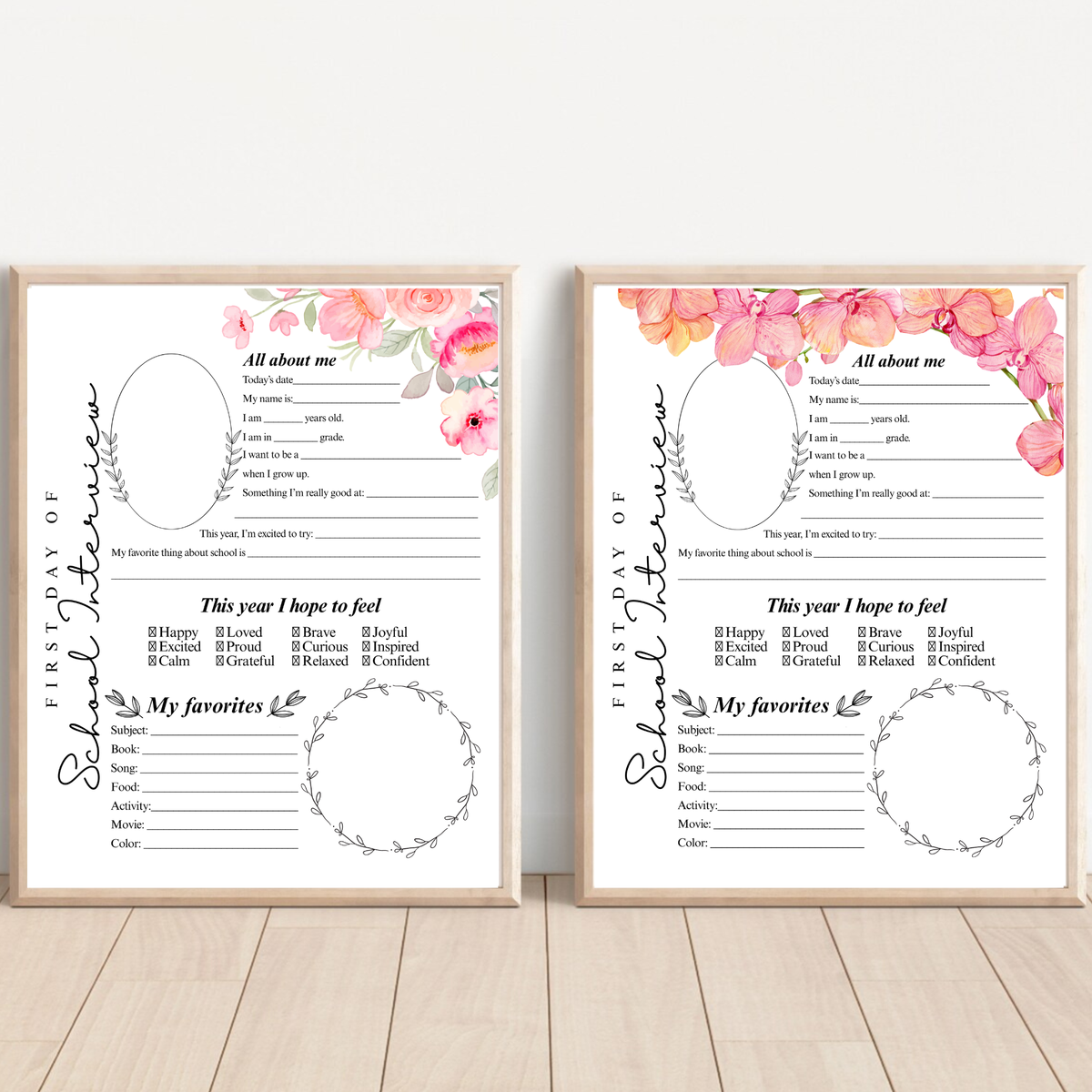 First Day of School Interview Printable | Pink Floral All About Me Worksheet | Back to School Keepsake | Student Memory Page for Girls