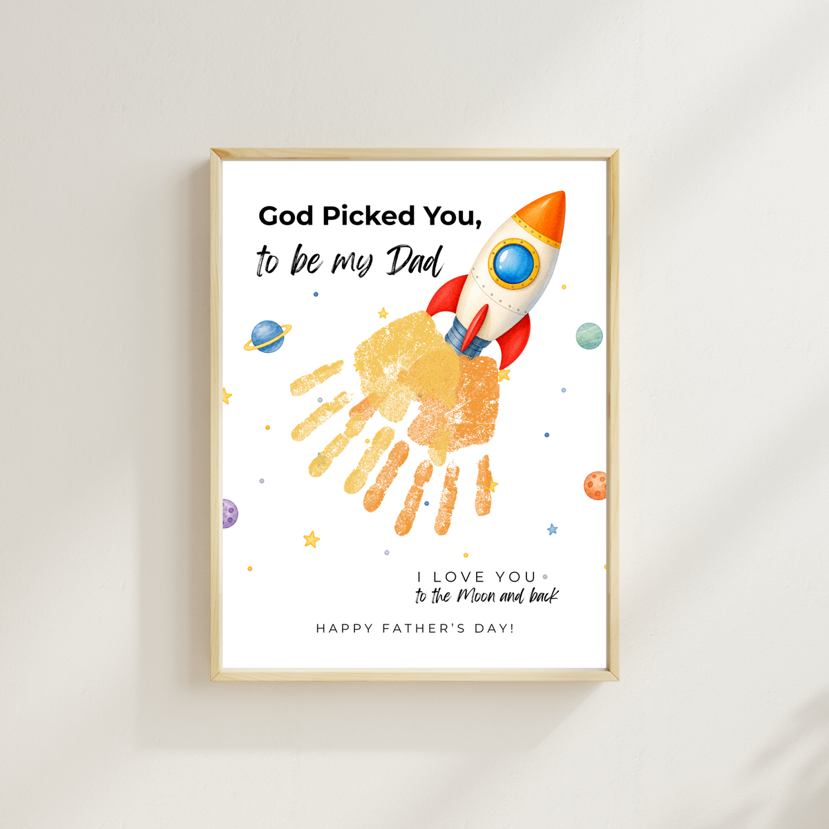 Christian Father's Day Rocket Handprint Craft Printable | God Picked You to Be My Dad | Space Keepsake Gift from Kids | Dad Handprint Art