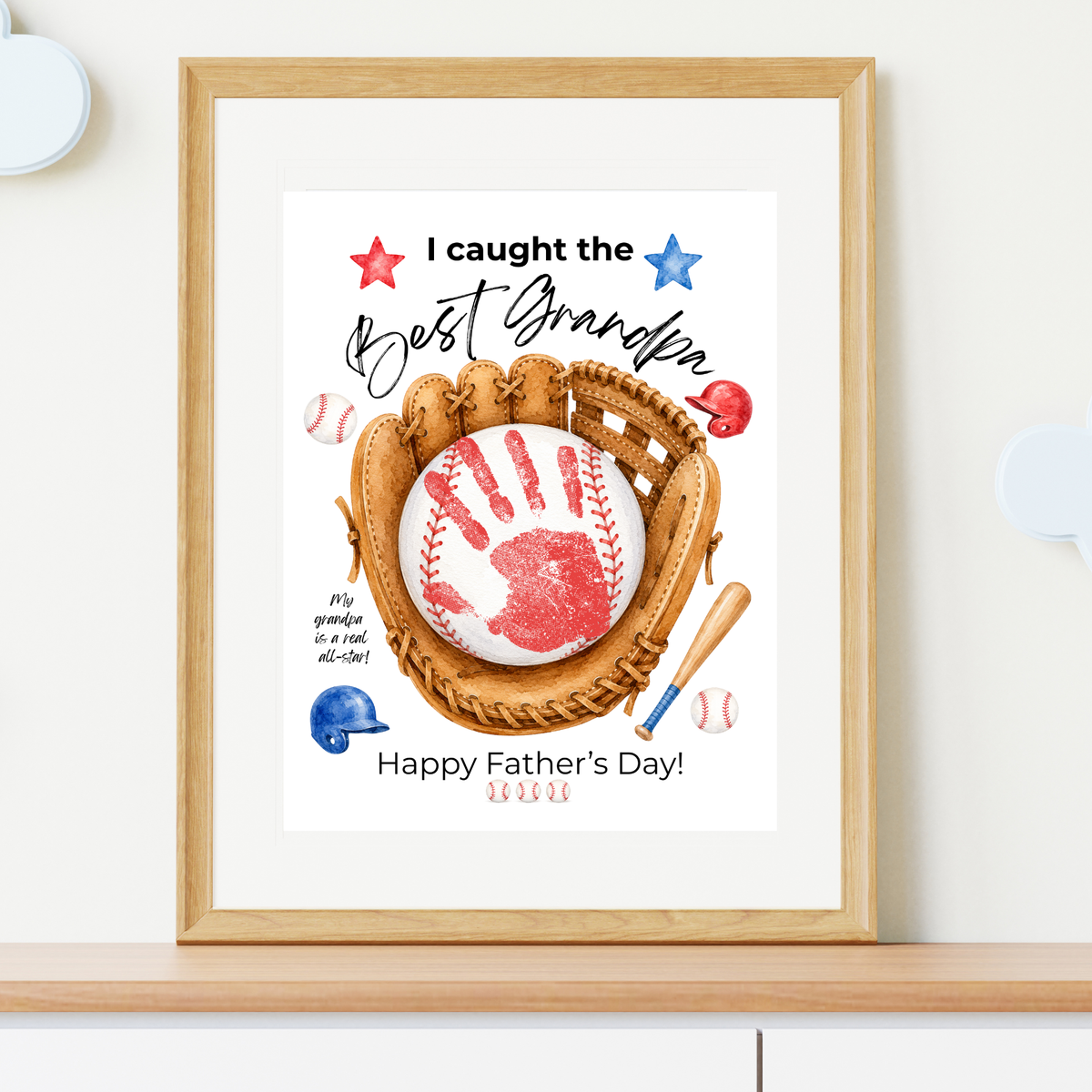 Grandpa Father's Day Baseball Handprint Craft Printable | I Caught the Best Grandpa | Baseball Keepsake Gift from Kids | Grandfather Handprint Art