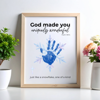 God Made You Uniquely Wonderful Snowflake Handprint Printable | Faith Based Winter Keepsake | Psalm 139:14 Christian Kids Art