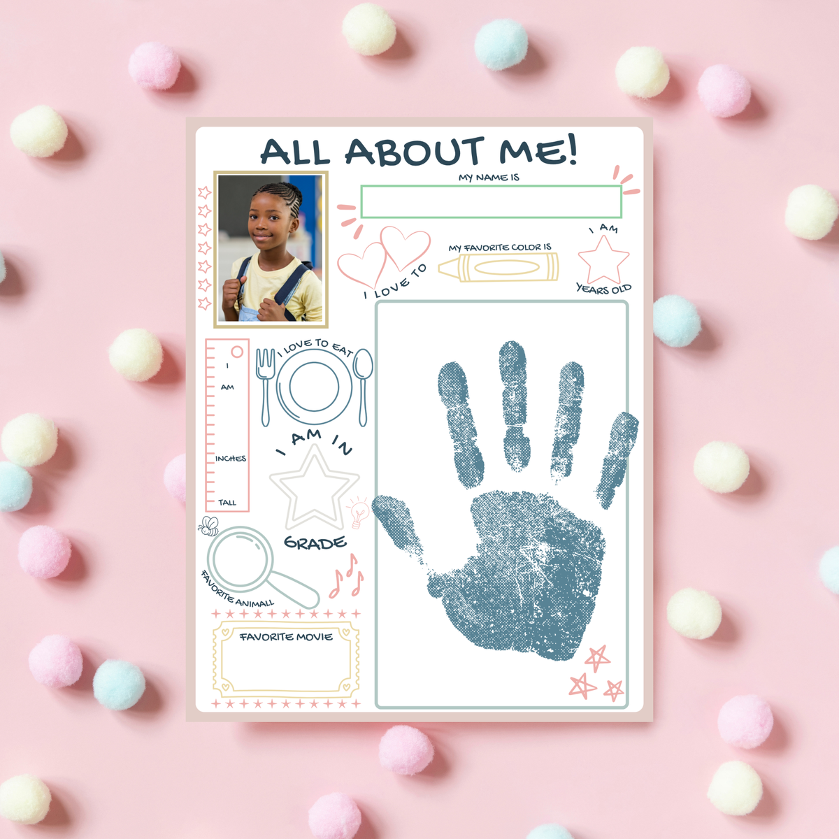 All About Me Handprint Craft Printable | Back to School Keepsake Activity | First Day of School Worksheet | Preschool Kindergarten Memory Page