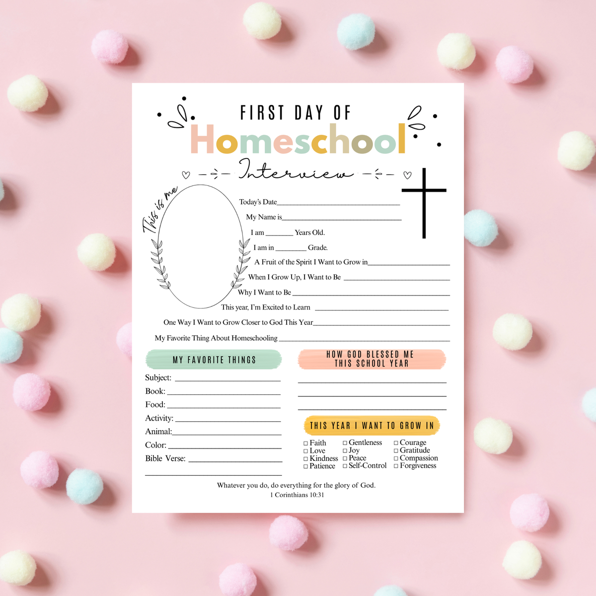 Christian First & Last Day of Homeschool Interview Printable | Faith-Based Homeschool Keepsake | Bible Reflection Worksheet | Christian School Memory