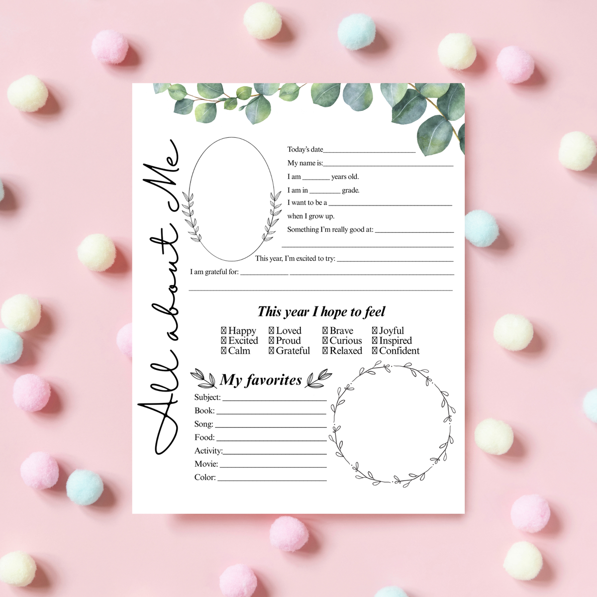 All About Me Printable | Eucalyptus & Botanical Leaves | Student Interview Worksheet | Homeschool Keepsake Activity