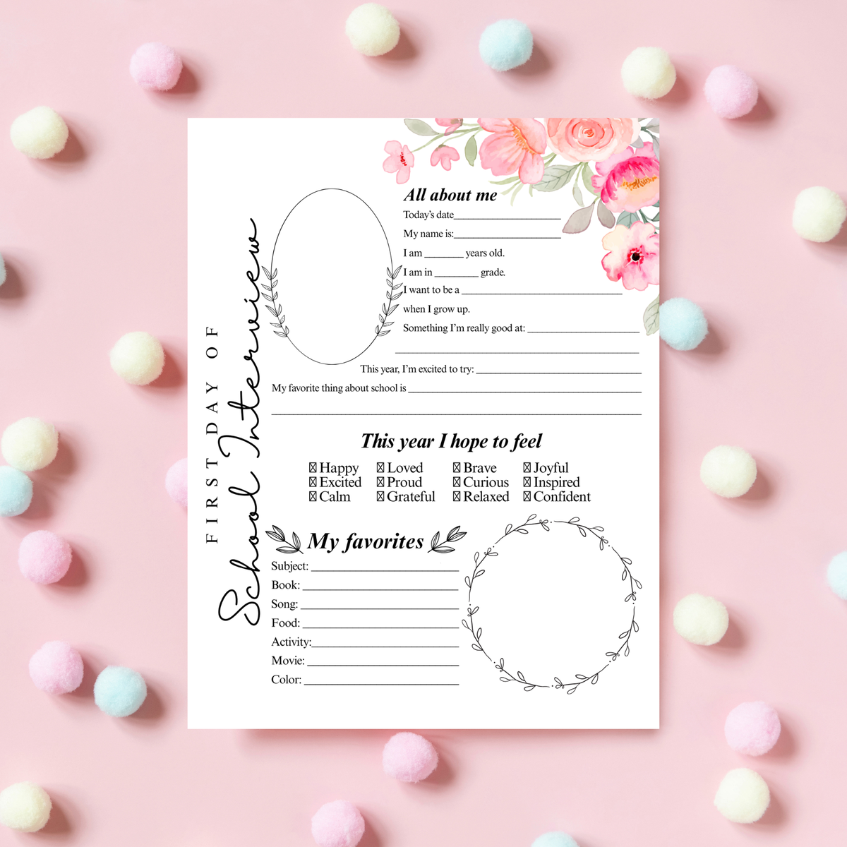 First Day of School Interview Printable | Pink Floral All About Me Worksheet | Back to School Keepsake | Student Memory Page for Girls