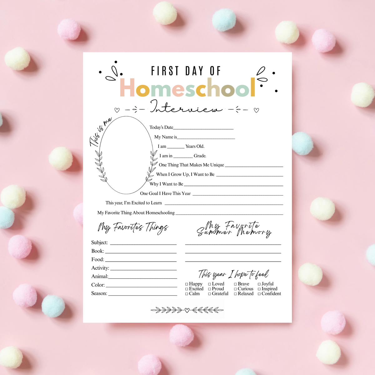 Colorful First & Last Day of Homeschool Interview Printable | Homeschool Memory Book | Back to Homeschool Keepsake | Student Reflection Worksheet