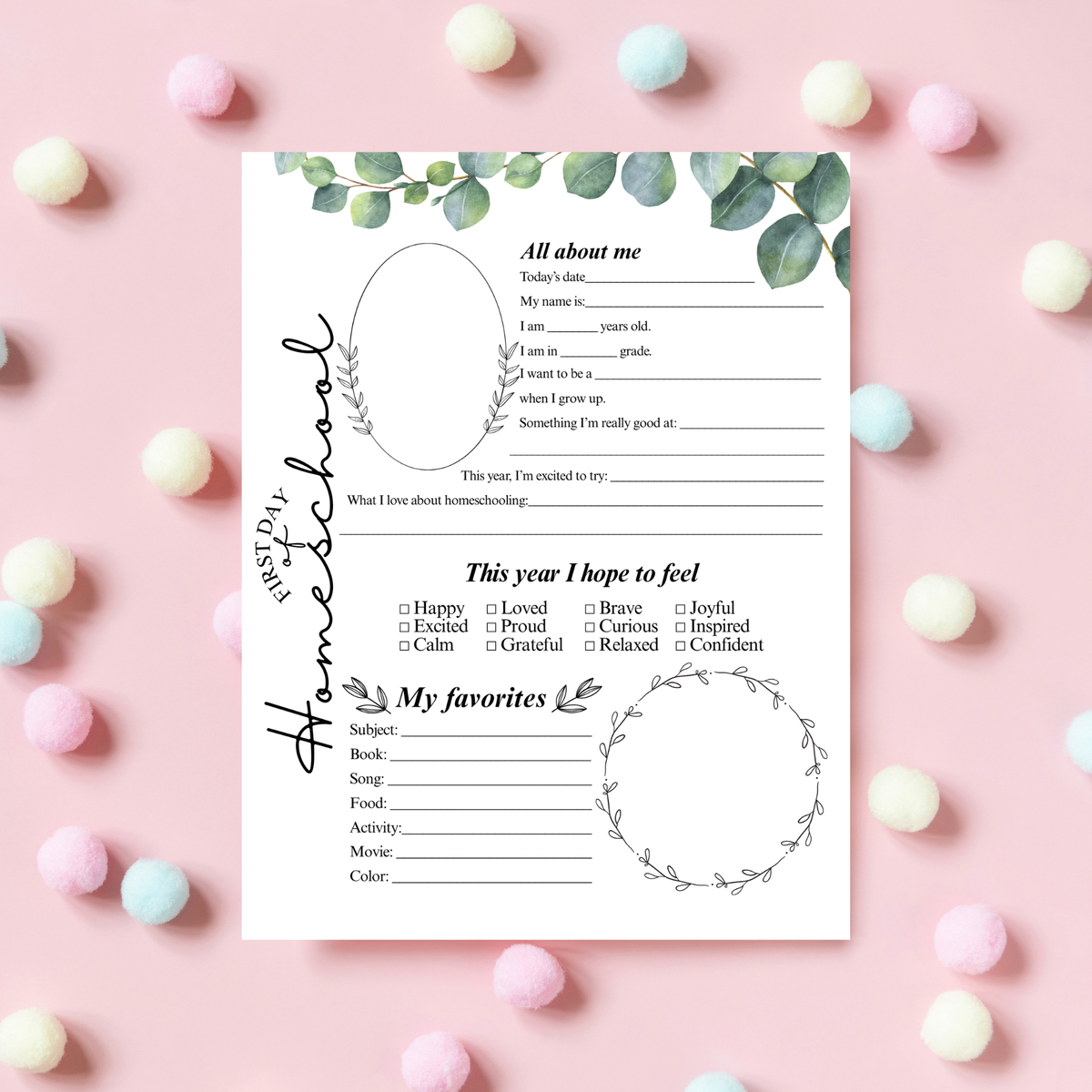 First & Last Day of Homeschool Interview Printable | Eucalyptus Homeschool Memory Page | All About Me Worksheet | Homeschool Keepsake Activity