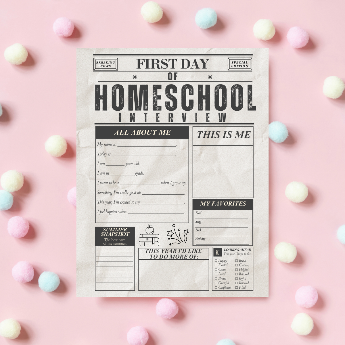First Day of Homeschool Interview Printable | Homeschool Newspaper Activity | Back to Homeschool Keepsake | All About Me Worksheet