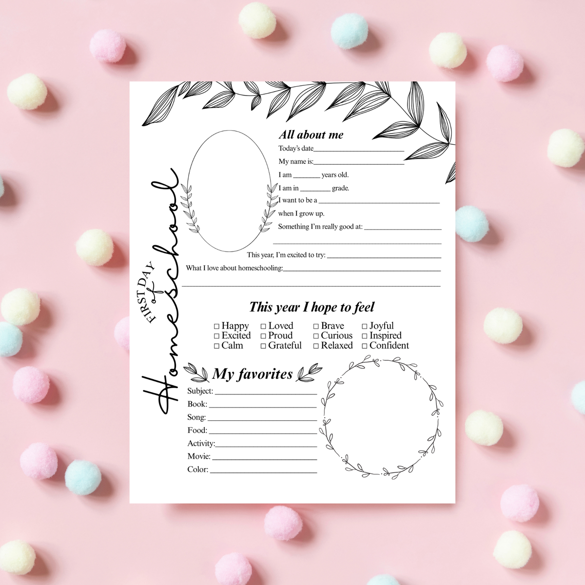 Minimalist First & Last Day of Homeschool Interview Printable | Homeschool Memory Page | Black Botanical Keepsake | Homeschool Reflection Worksheet