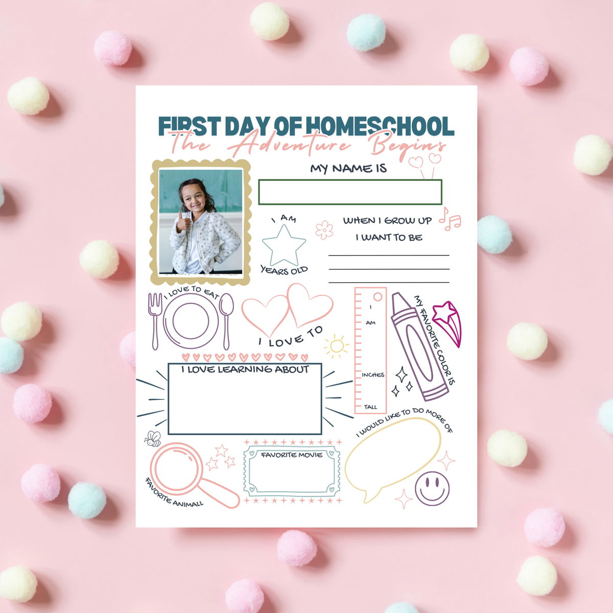 First Day of Homeschool Interview Printable | All About Me Homeschool Worksheet | Back to Homeschool Activity | Homeschool Keepsake Page