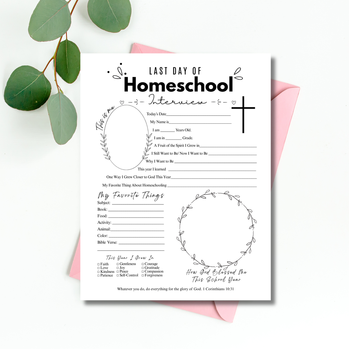 Christian First & Last Day of Homeschool Interview Printable | Faith-Based Homeschool Interview Worksheet | Bible Homeschool Keepsake | Christian School Memory