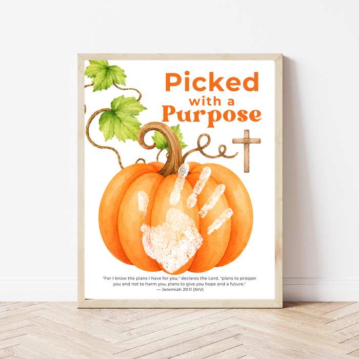 Picked with a Purpose Pumpkin Handprint Craft Printable, Christian Pumpkin Keepsake, Baby's First Fall, Faith-Based Autumn Activity