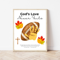 Christian Football Handprint Craft Printable | God’s Love Never Fails | 1 Corinthians 13:8 Fall Keepsake | Sunday School Kids Craft