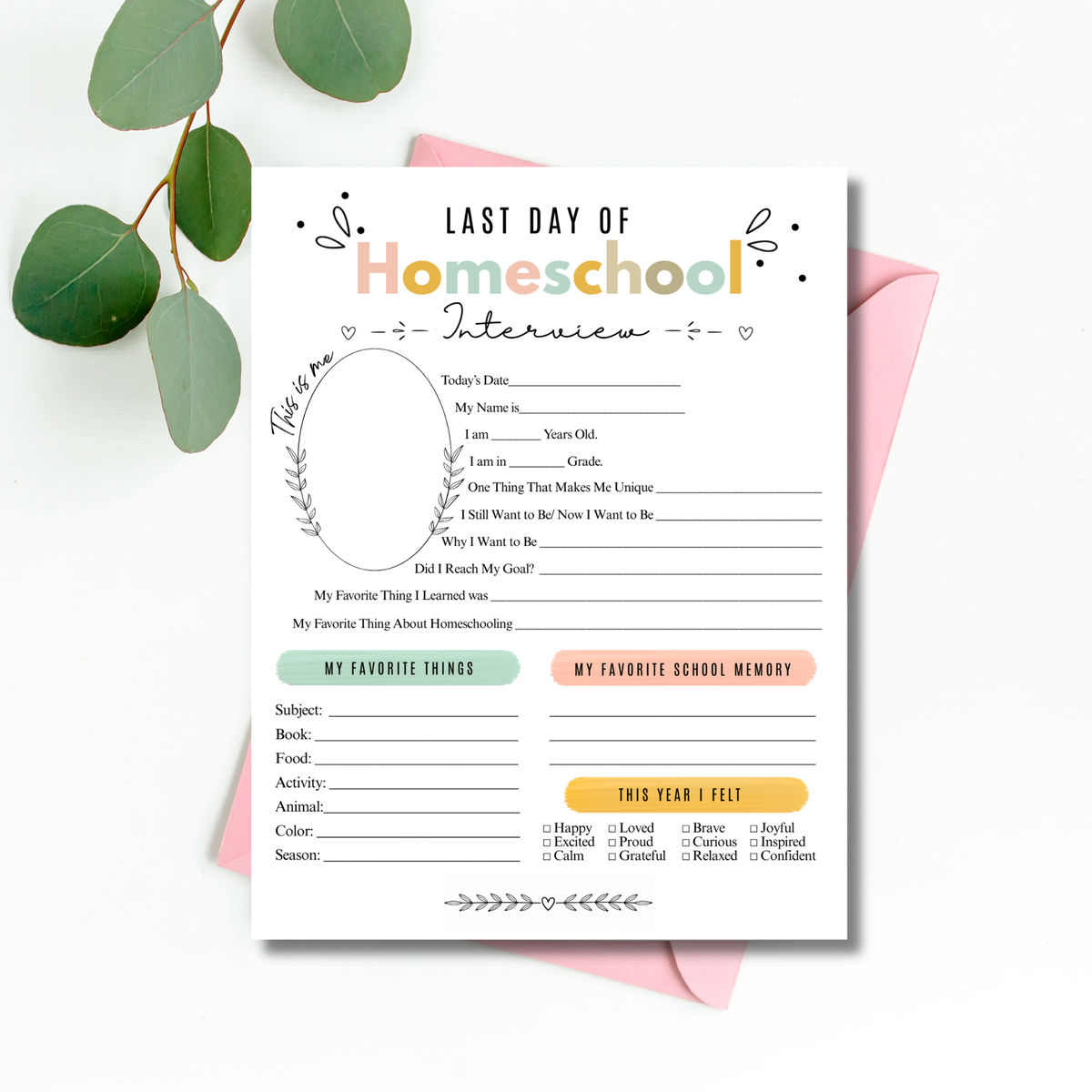 First & Last Day of Homeschool Interview Printable | Colorful Homeschool Memory Book | Back to Homeschool Keepsake | Student Reflection