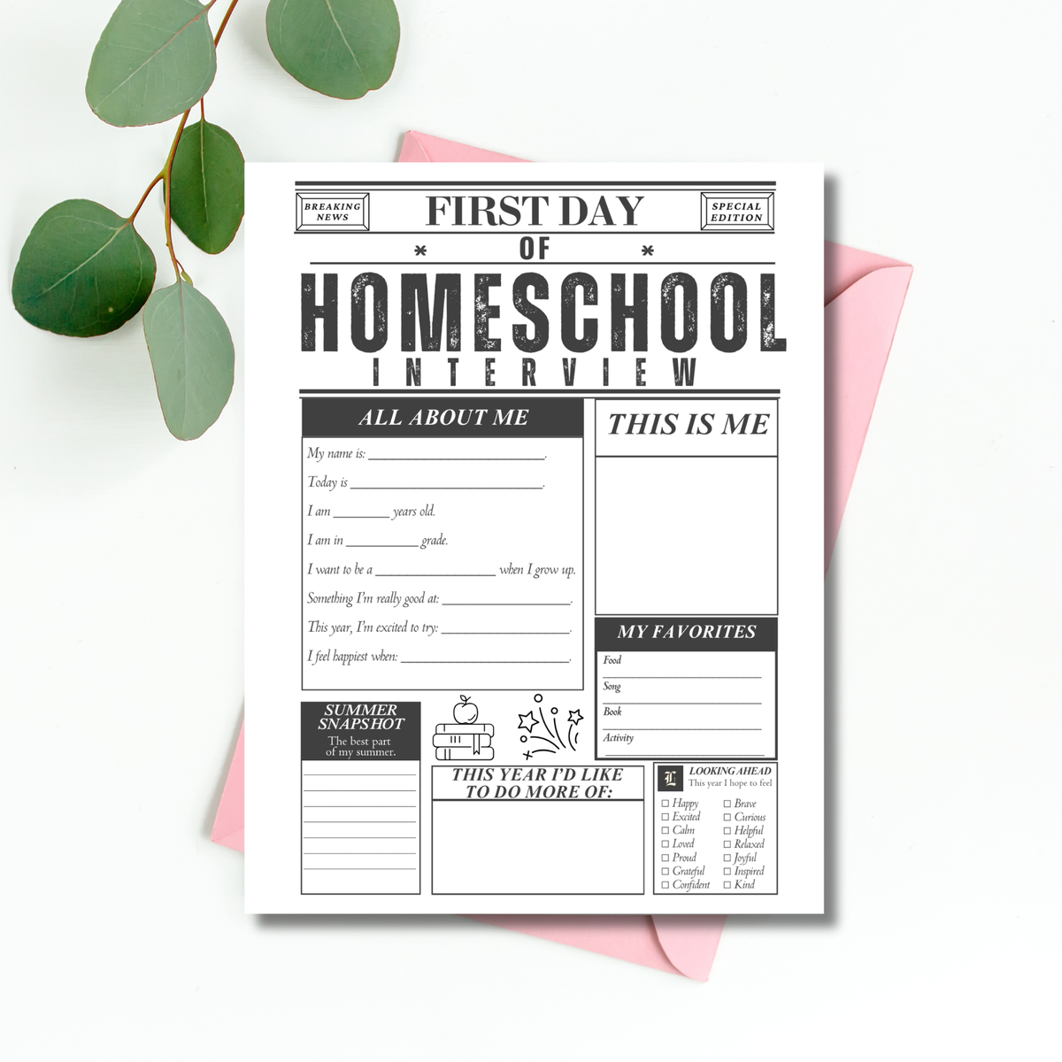 First Day of Homeschool Interview Printable | Homeschool Newspaper Activity | Back to Homeschool Keepsake | All About Me Worksheet
