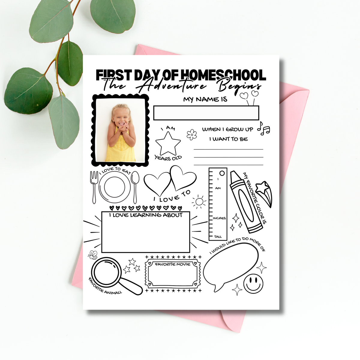 First Day of Homeschool Interview Printable | All About Me Homeschool Worksheet | Back to Homeschool Activity | Homeschool Keepsake Page