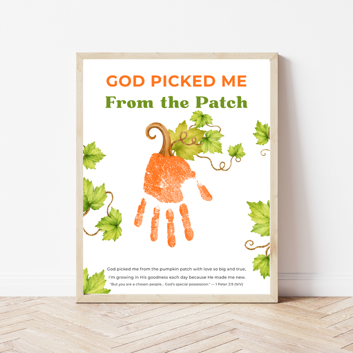 God Picked Me from the Patch Handprint Craft Printable, Christian Pumpkin Handprint Keepsake, Baby's First Fall, Preschool Autumn Activity