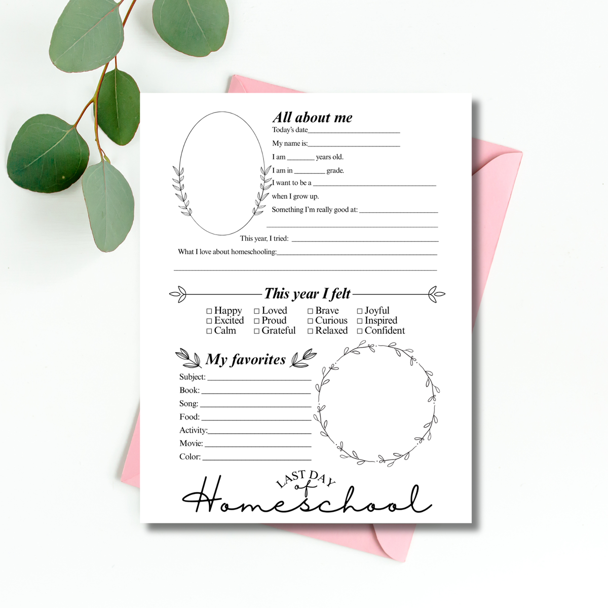 First & Last Day of Homeschool Interview Printable | Minimalist Homeschool Memory Page | All About Me Worksheet | Homeschool Keepsake Activity