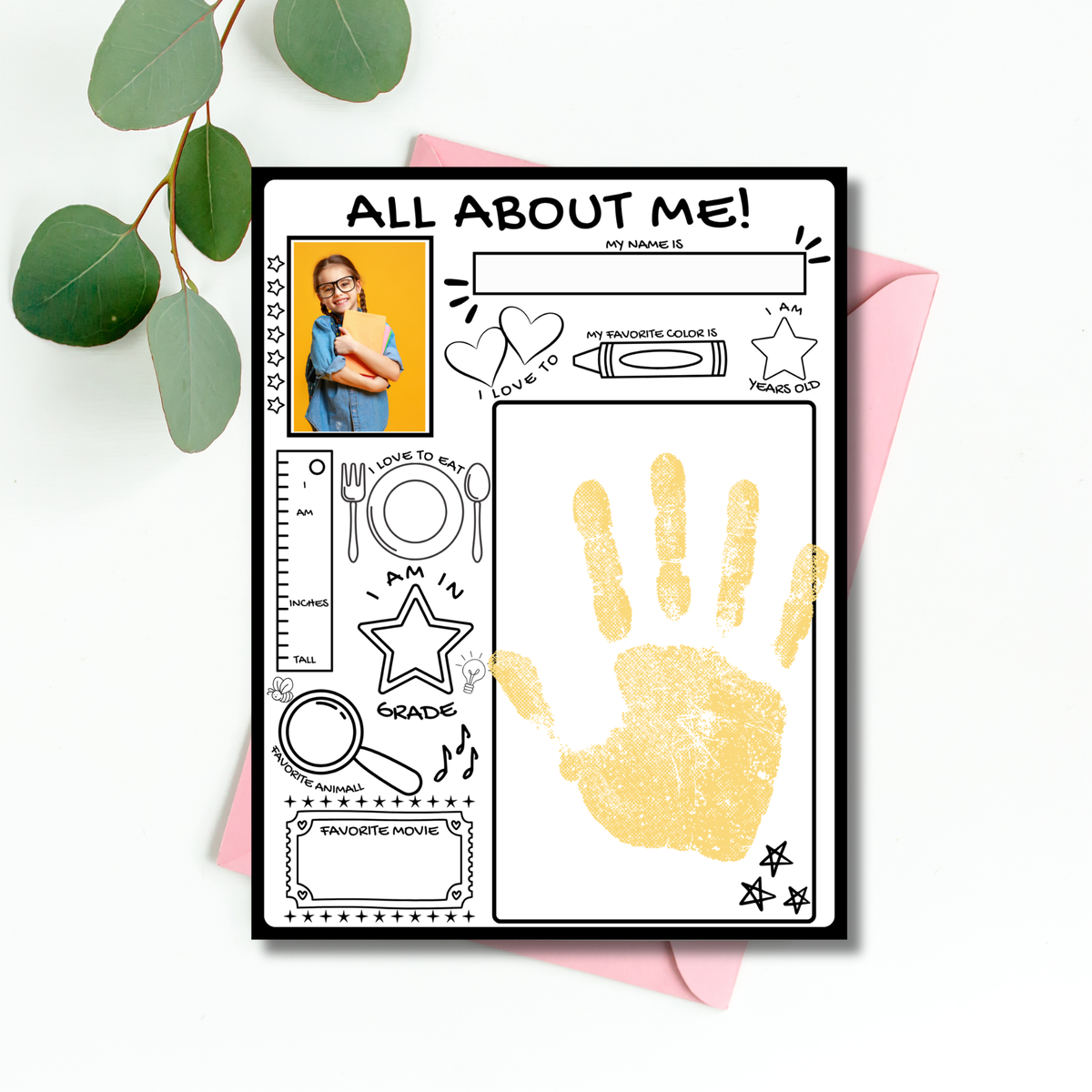All About Me Handprint Craft Printable | Back to School Keepsake Activity | First Day of School Worksheet | Preschool Kindergarten Memory Page