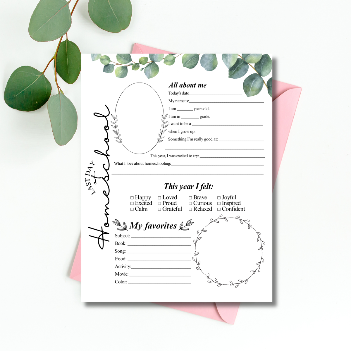First & Last Day of Homeschool Interview Printable | Eucalyptus Homeschool Memory Page | All About Me Worksheet | Homeschool Keepsake Activity