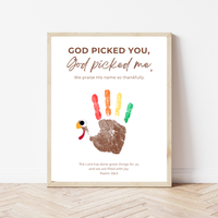 Christian Thanksgiving Turkey Handprint Craft Printable | God Picked You God Picked Me | Thanksgiving Bible Craft for Kids | Sunday School Activity