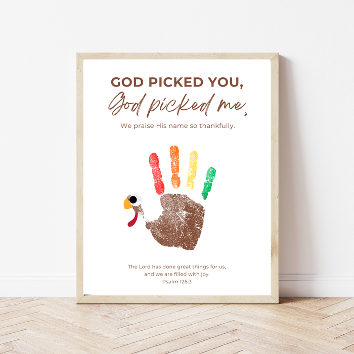 Christian Thanksgiving Turkey Handprint Craft Printable | God Picked You God Picked Me | Thanksgiving Bible Craft for Kids | Sunday School Activity