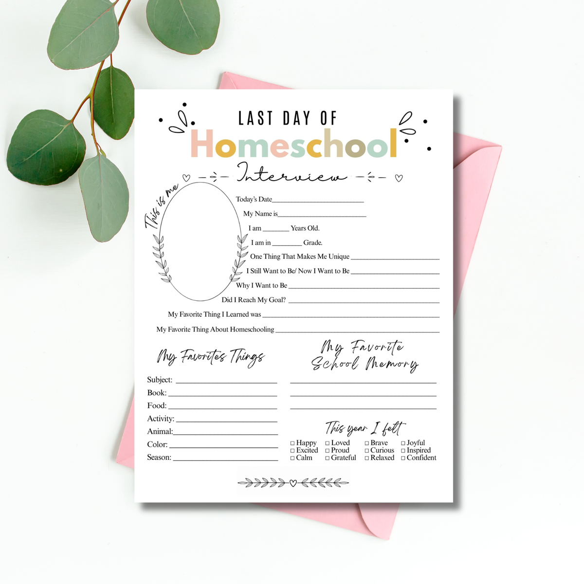 Colorful First & Last Day of Homeschool Interview Printable | Homeschool Memory Book | Back to Homeschool Keepsake | Student Reflection Worksheet