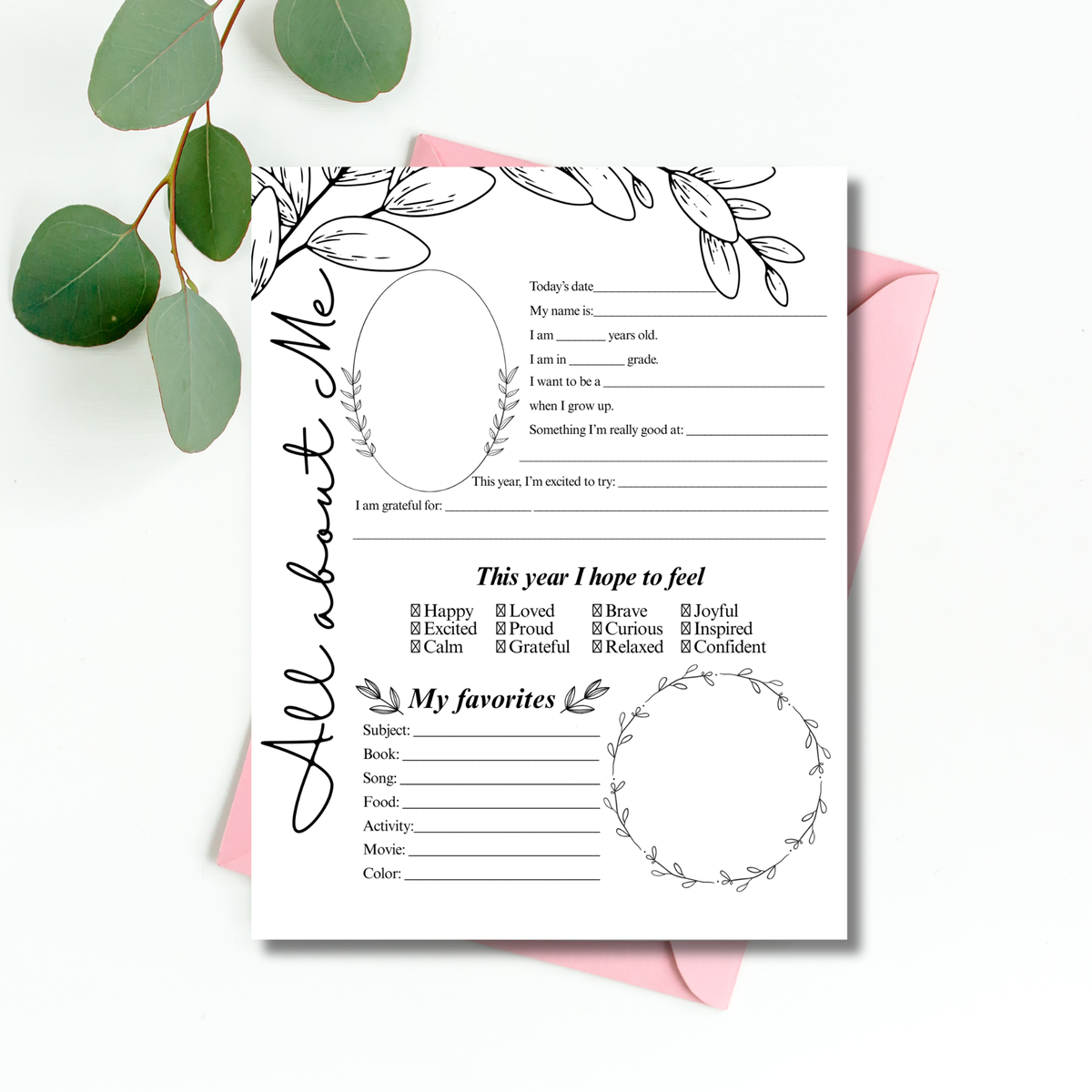 All About Me Printable | Eucalyptus & Botanical Leaves | Student Interview Worksheet | Homeschool Keepsake Activity