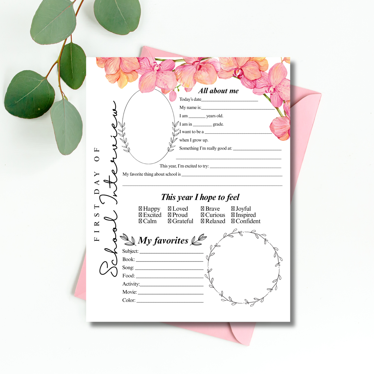 First Day of School Interview Printable | Pink Floral All About Me Worksheet | Back to School Keepsake | Student Memory Page for Girls
