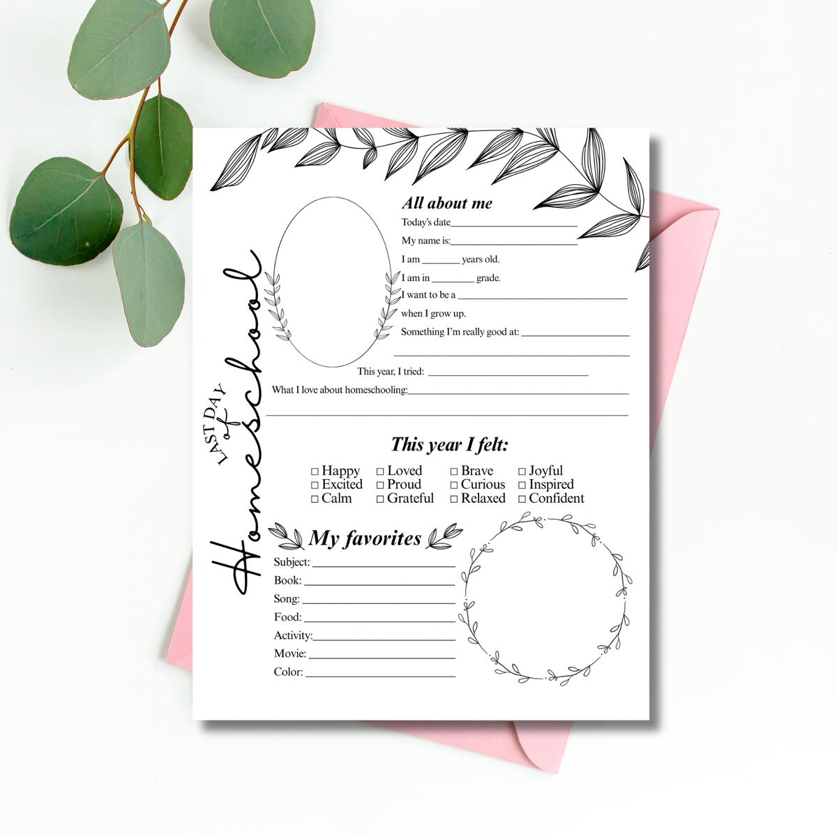 Minimalist First & Last Day of Homeschool Interview Printable | Homeschool Memory Page | Black Botanical Keepsake | Homeschool Reflection Worksheet