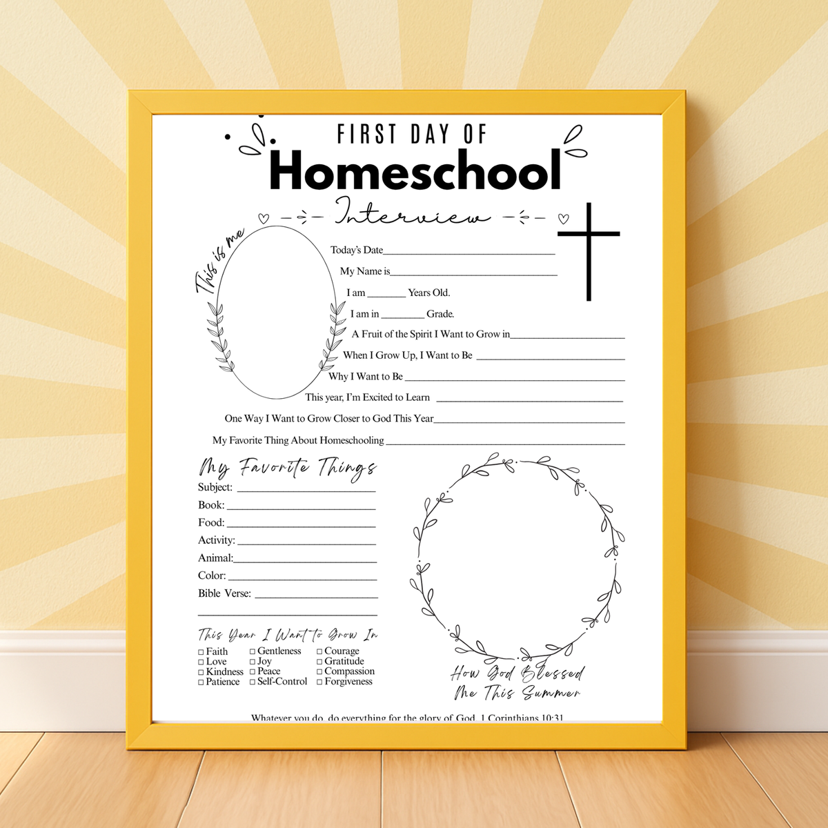 Christian First & Last Day of Homeschool Interview Printable | Faith-Based Homeschool Interview Worksheet | Bible Homeschool Keepsake | Christian School Memory