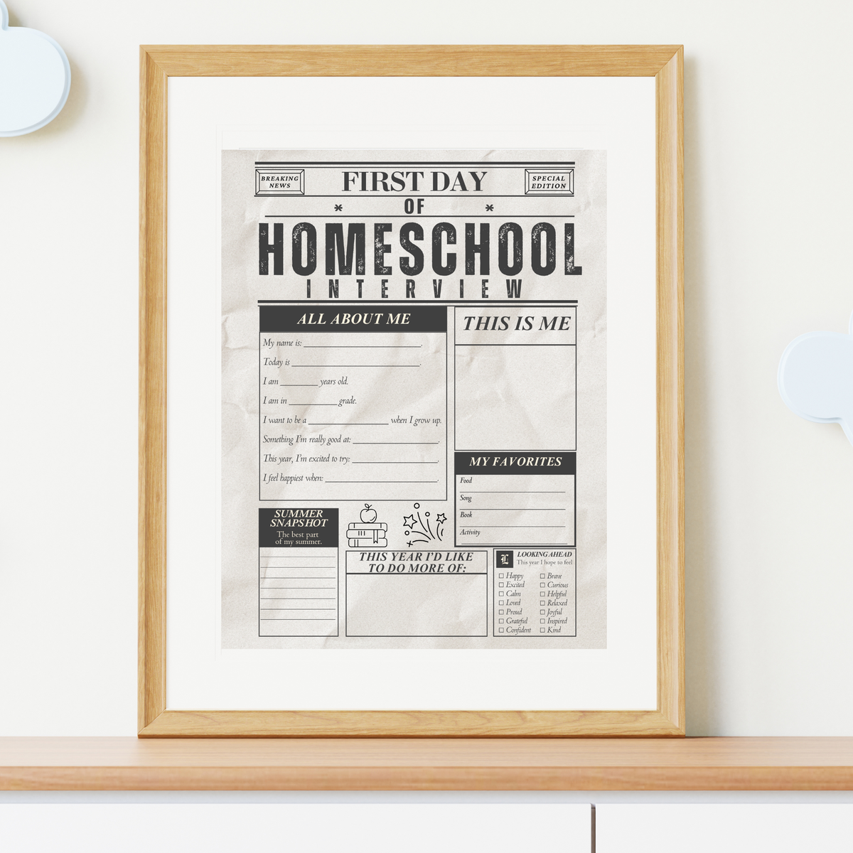First Day of Homeschool Interview Printable | Homeschool Newspaper Activity | Back to Homeschool Keepsake | All About Me Worksheet