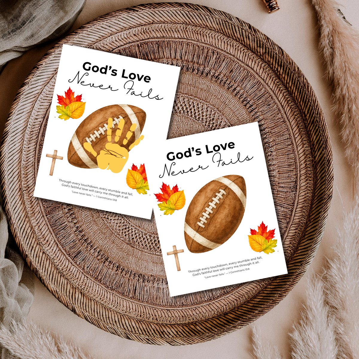 Christian Football Handprint Craft Printable | God’s Love Never Fails | 1 Corinthians 13:8 Fall Keepsake | Sunday School Kids Craft