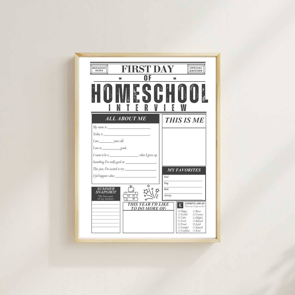 First Day of Homeschool Interview Printable | Homeschool Newspaper Activity | Back to Homeschool Keepsake | All About Me Worksheet