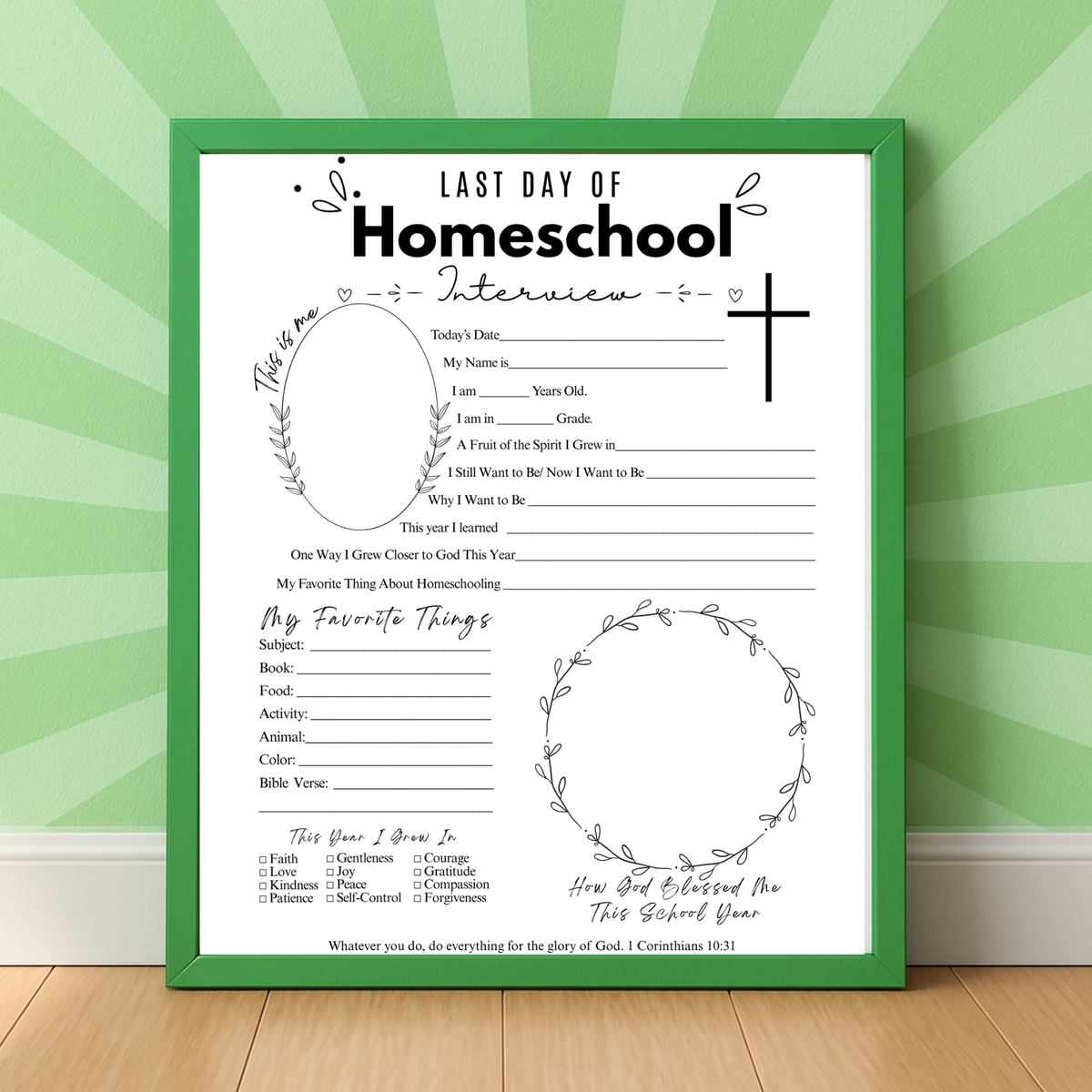 Christian First & Last Day of Homeschool Interview Printable | Faith-Based Homeschool Interview Worksheet | Bible Homeschool Keepsake | Christian School Memory