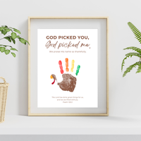 Christian Thanksgiving Turkey Handprint Craft Printable | God Picked You God Picked Me | Thanksgiving Bible Craft for Kids | Sunday School Activity