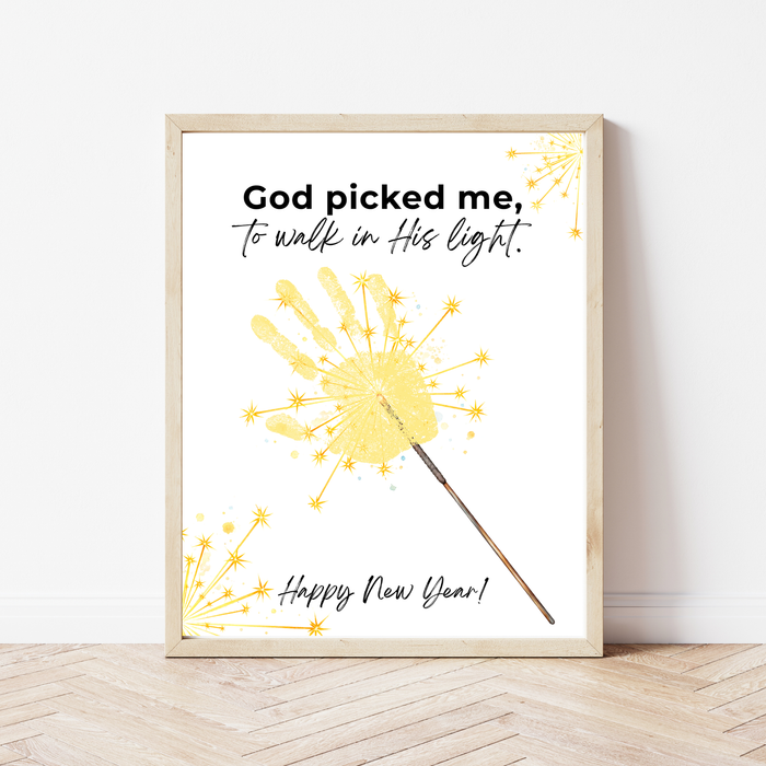 God Picked Me to Walk in His Light New Year Handprint Craft | Christian Sparkler Printable | New Year's Eve Fingerprint Activity | Preschool Christian Keepsake