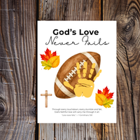 Christian Football Handprint Craft Printable | God’s Love Never Fails | 1 Corinthians 13:8 Fall Keepsake | Sunday School Kids Craft