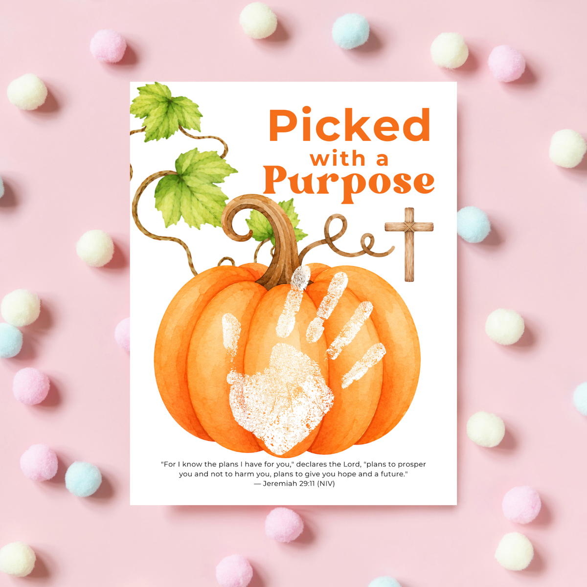Picked with a Purpose Pumpkin Handprint Craft Printable, Christian Pumpkin Keepsake, Baby's First Fall, Faith-Based Autumn Activity