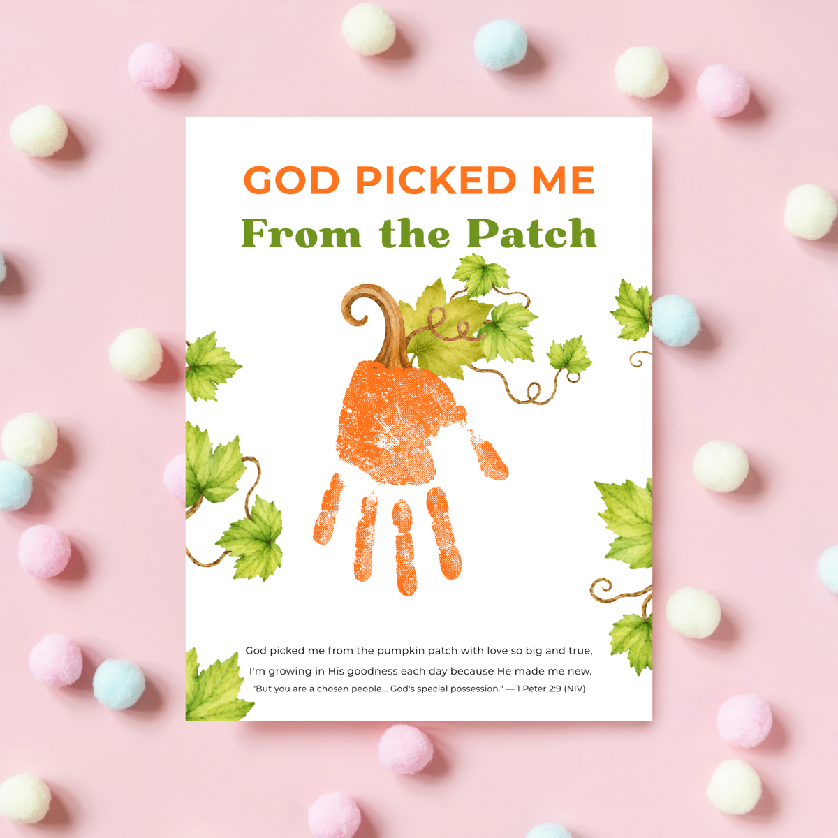 God Picked Me from the Patch Handprint Craft Printable, Christian Pumpkin Handprint Keepsake, Baby's First Fall, Preschool Autumn Activity