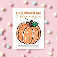 God Picked Me to Bloom and Grow Pumpkin Craft Printable, Christian Pumpkin Coloring Page, Fall Fine Motor Activity, Preschool Harvest Craft
