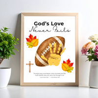 Christian Football Handprint Craft Printable | God’s Love Never Fails | 1 Corinthians 13:8 Fall Keepsake | Sunday School Kids Craft