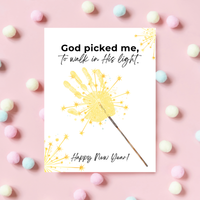 God Picked Me to Walk in His Light New Year Handprint Craft | Christian Sparkler Printable | New Year's Eve Fingerprint Activity | Preschool Christian Keepsake