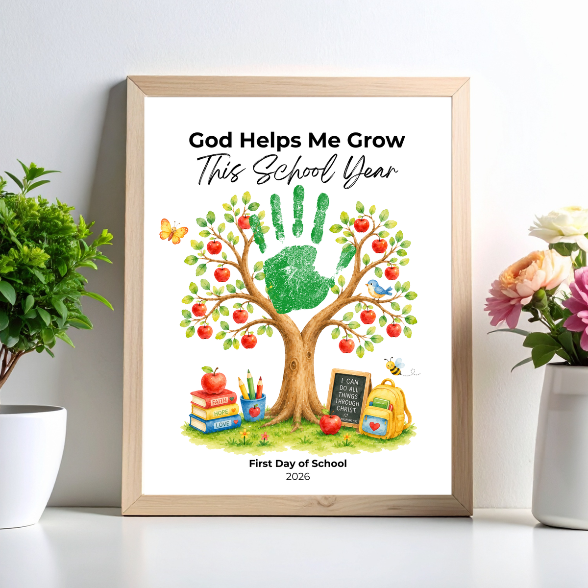God Helps Me Grow This School Year Handprint Craft Printable, Christian First Day of School Keepsake, Apple Tree Handprint Activity, Preschool Kindergarten PDF