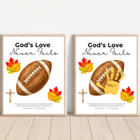 Christian Football Handprint Craft Printable | God’s Love Never Fails | 1 Corinthians 13:8 Fall Keepsake | Sunday School Kids Craft