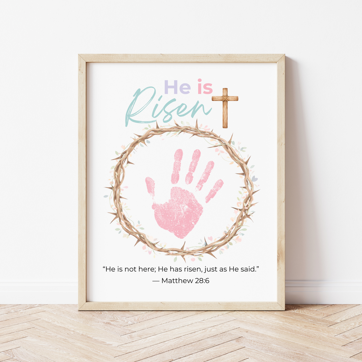 He Is Risen Easter Handprint Craft Printable | Christian Resurrection Keepsake Art with Cross | Matthew 28:6 Bible Verse PDF