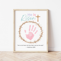 He Is Risen Easter Handprint Craft Printable | Christian Resurrection Keepsake Art with Cross | Matthew 28:6 Bible Verse PDF
