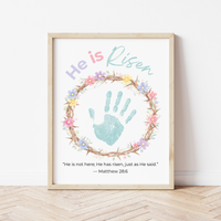 He Is Risen Easter Handprint Craft Printable | Christian Resurrection Keepsake Art | Matthew 28:6 Bible Verse Activity PDF