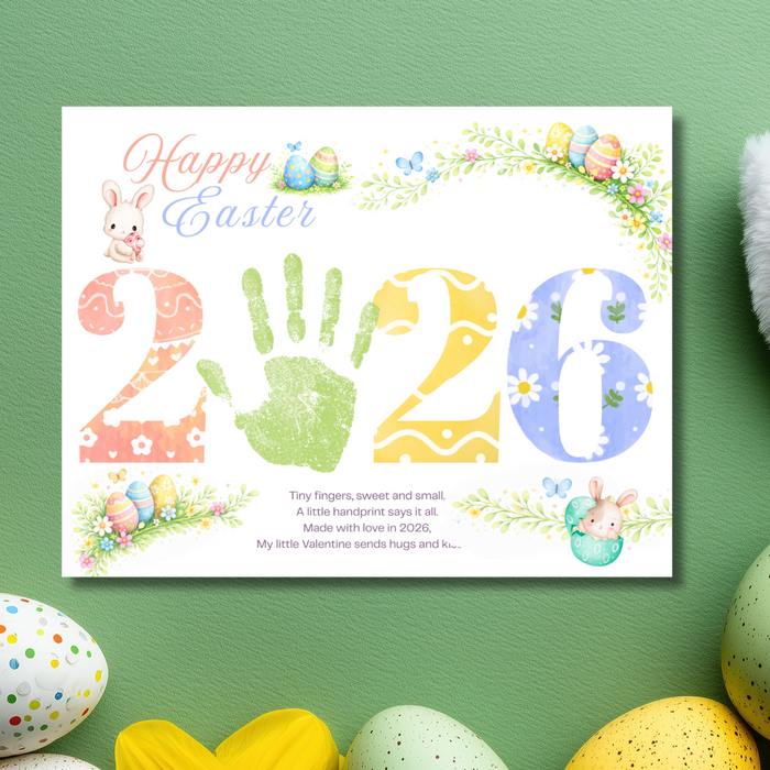 Easter card with handprints and year 2026 surrounded by Easter eggs and flowers on a green background