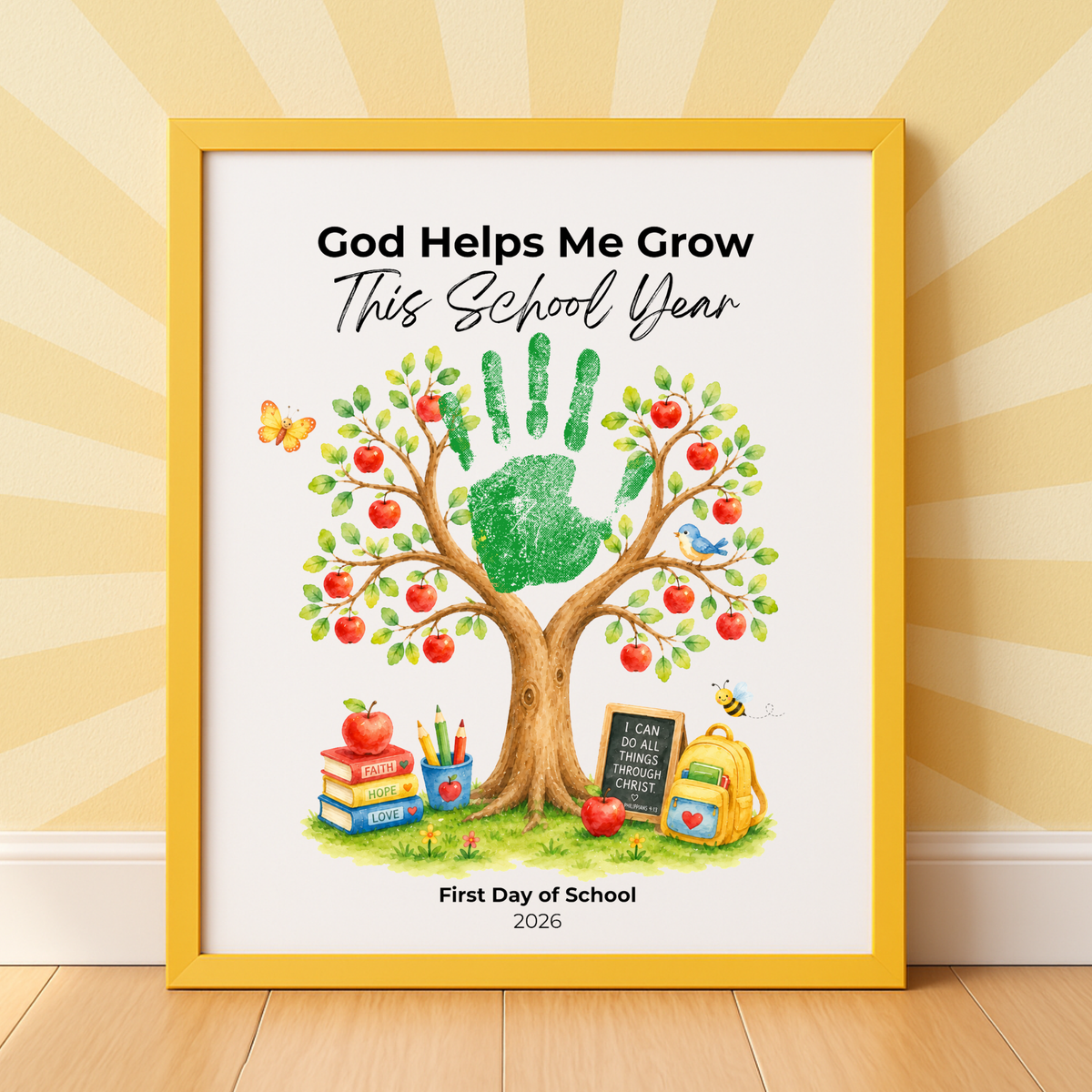 God Helps Me Grow This School Year Handprint Craft Printable, Christian First Day of School Keepsake, Apple Tree Handprint Activity, Preschool Kindergarten PDF